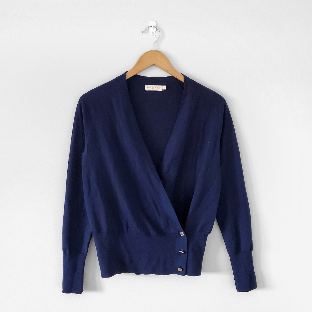 TORY BURCH Navy Blue Merino Wool Crossover Button Kendall Cardigan